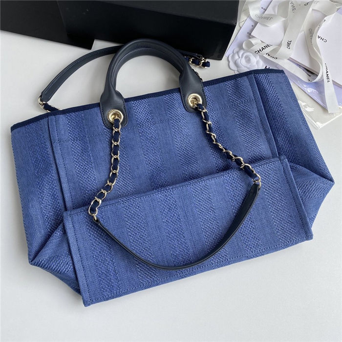 LARGE SHOPPING BAG Mixed Fibers, Calfskin & Gold-Tone Metal Navy Blue High