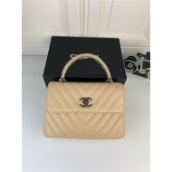 SMALL FLAP BAG WITH TOP HANDLE Chevrons Pattern Lambskin Aged Silver Metal Beige B