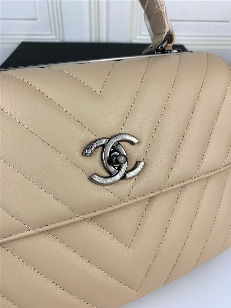 SMALL FLAP BAG WITH TOP HANDLE Chevrons Pattern Lambskin Aged Silver Metal Beige B