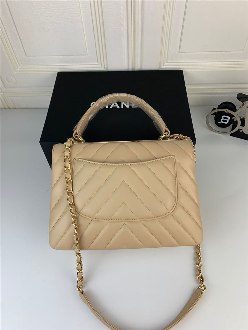 SMALL FLAP BAG WITH TOP HANDLE Chevrons Pattern Lambskin Gold Metal Beige B