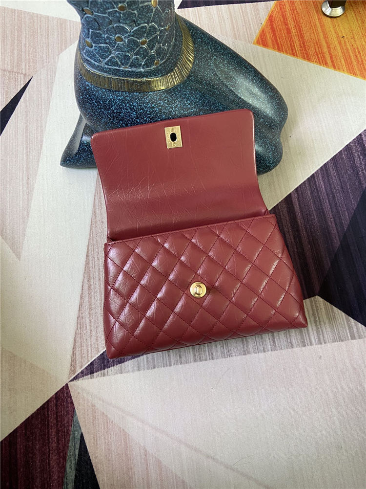 SMALL FLAP BAG WITH TOP HANDLE Shiny Calfskin Gold Metal Burgundy High