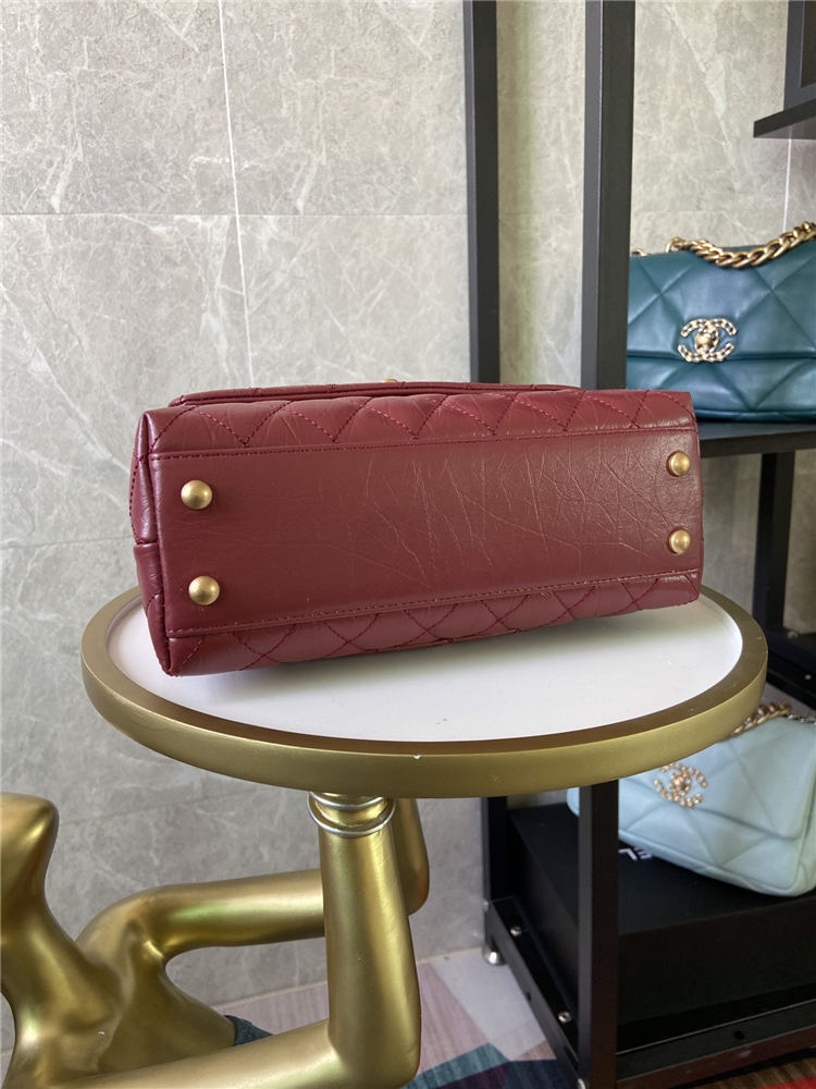 SMALL FLAP BAG WITH TOP HANDLE Shiny Calfskin Burgundy Gold Metal High