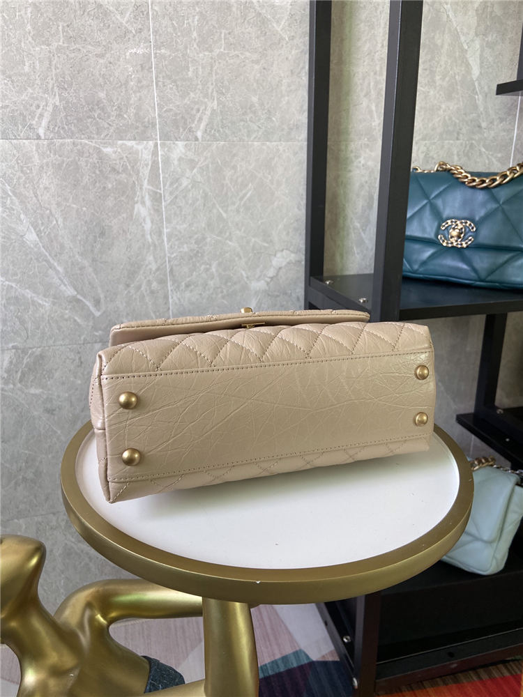 SMALL FLAP BAG WITH TOP HANDLE Shiny Calfskin Gold Metal Beige High