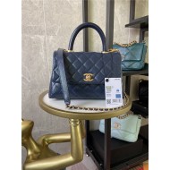 SMALL FLAP BAG WITH TOP HANDLE Shiny Calfskin Blue Gold Metal High