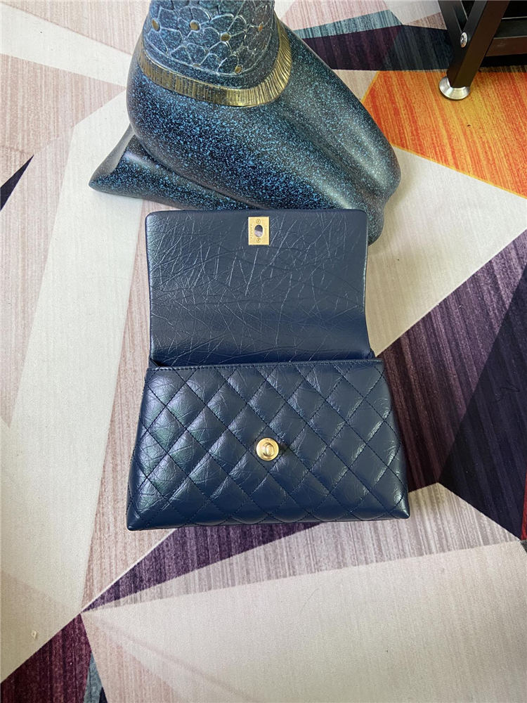 SMALL FLAP BAG WITH TOP HANDLE Shiny Calfskin Gold Metal Blue High