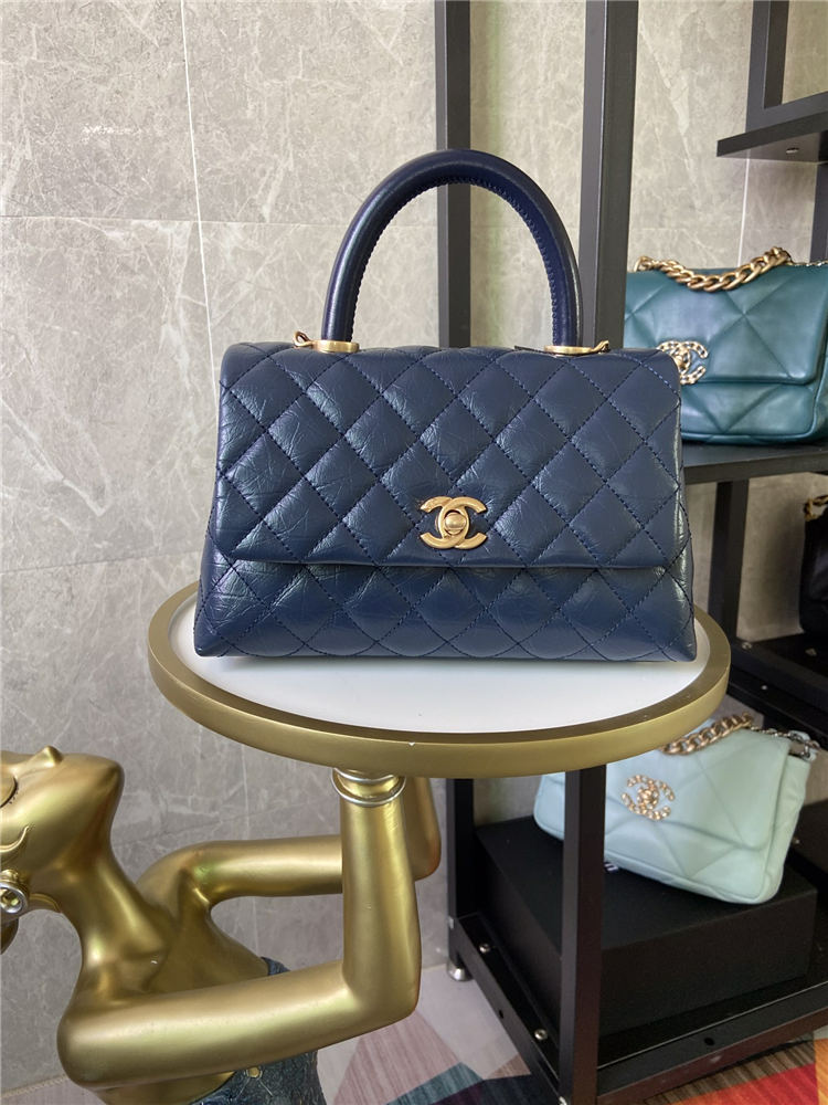 SMALL FLAP BAG WITH TOP HANDLE Shiny Calfskin Gold Metal Blue High