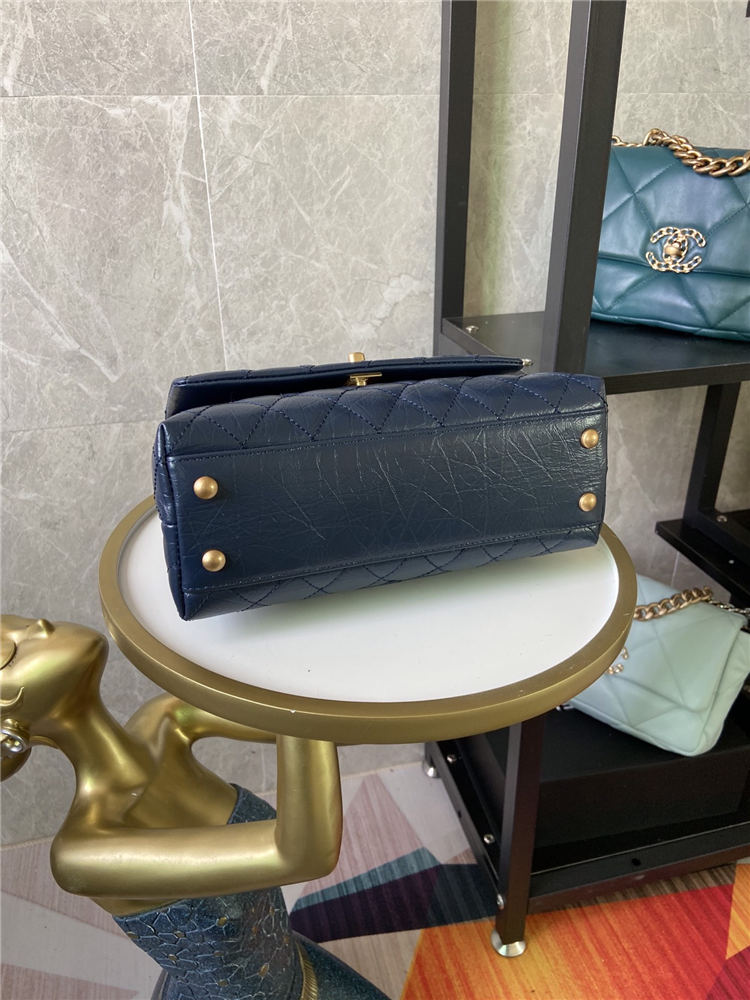 SMALL FLAP BAG WITH TOP HANDLE Shiny Calfskin Gold Metal Blue High