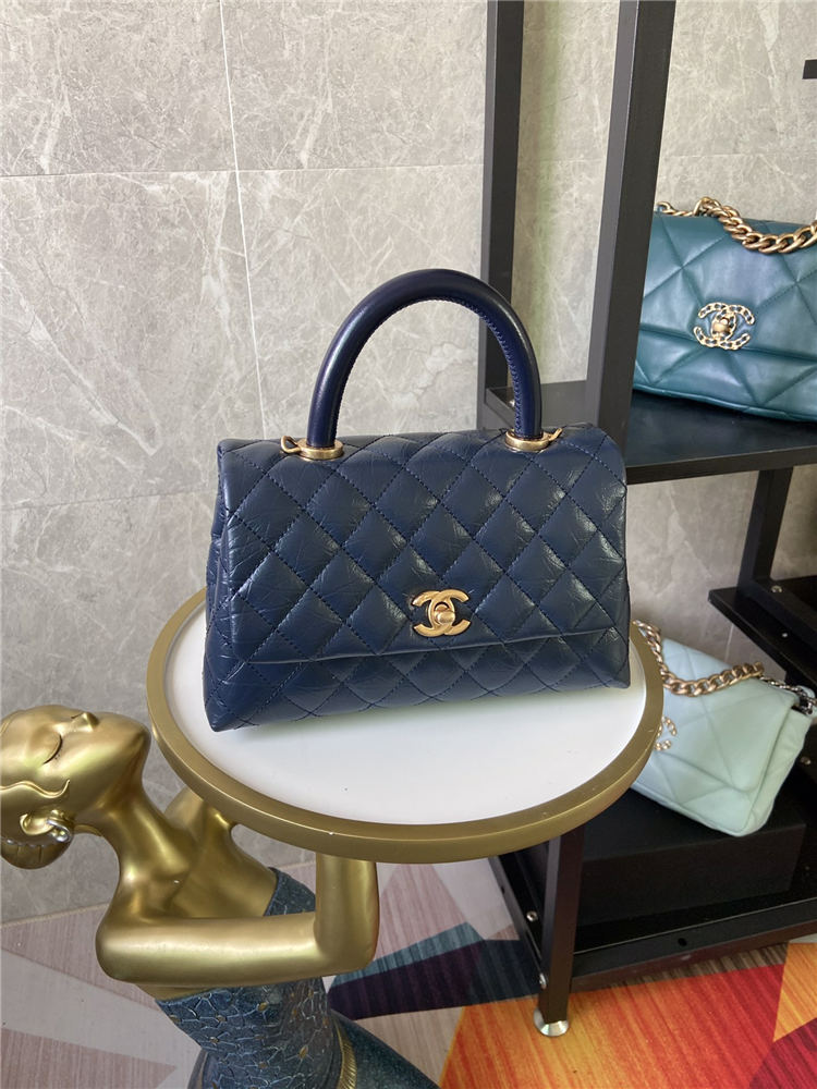 SMALL FLAP BAG WITH TOP HANDLE Shiny Calfskin Gold Metal Blue High