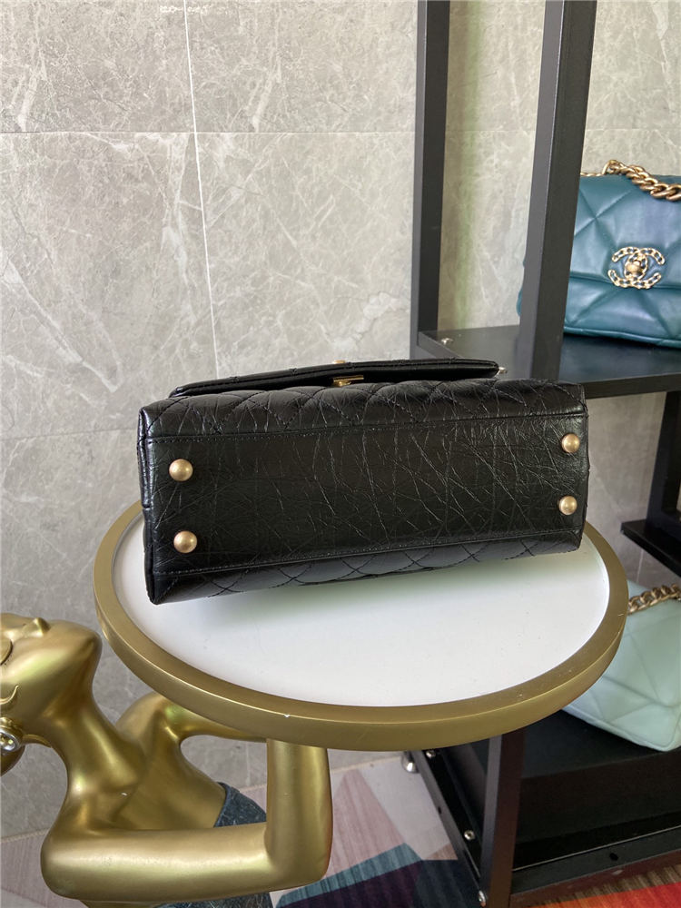 SMALL FLAP BAG WITH TOP HANDLE Shiny Calfskin Black Gold Metal High