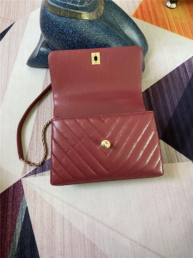 SMALL FLAP BAG WITH TOP HANDLE Chevrons Pattern Shiny Calfskin Gold Metal Burgundy High