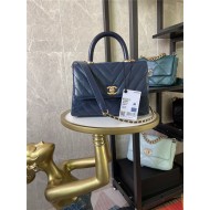 SMALL FLAP BAG WITH TOP HANDLE Chevrons Pattern Shiny Calfskin Blue Gold Metal High