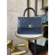 SMALL FLAP BAG WITH TOP HANDLE Chevrons Pattern Shiny Calfskin Blue Gold Metal High