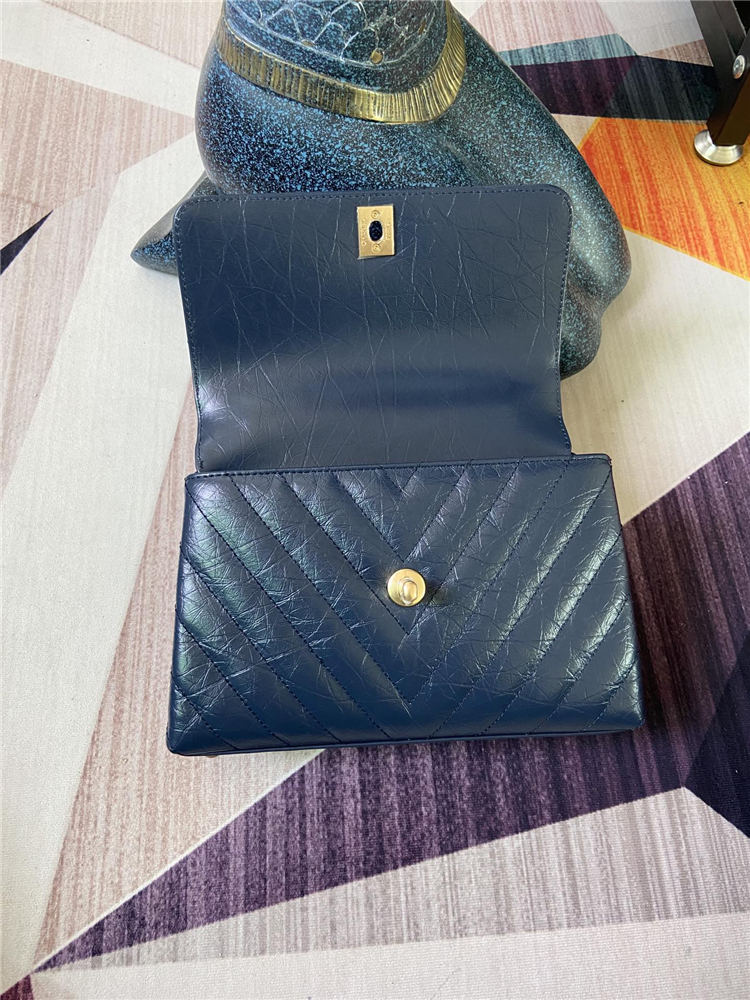 SMALL FLAP BAG WITH TOP HANDLE Chevrons Pattern Shiny Calfskin Blue Gold Metal High