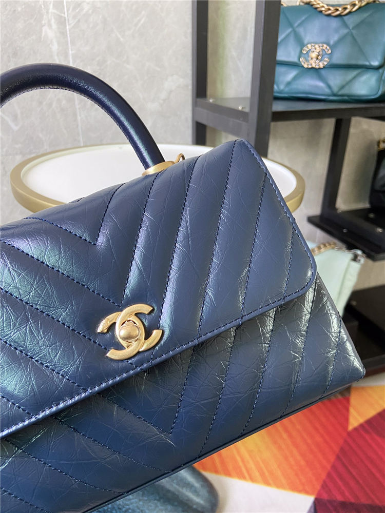 SMALL FLAP BAG WITH TOP HANDLE Chevrons Pattern Shiny Calfskin Gold Metal Blue High