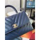 SMALL FLAP BAG WITH TOP HANDLE Chevrons Pattern Shiny Calfskin Gold Metal Blue High