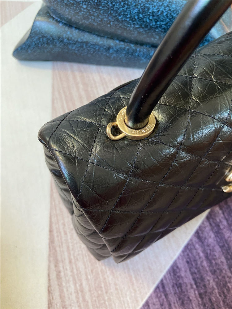 FLAP BAG WITH TOP HANDLE Shiny Calfskin Gold Metal Black High