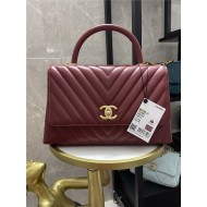 FLAP BAG WITH TOP HANDLE Chevrons Pattern Shiny Calfskin Burgundy Gold Metal High