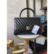 FLAP BAG WITH TOP HANDLE Chevrons Pattern Shiny Calfskin Gold Metal Black High