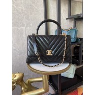 FLAP BAG WITH TOP HANDLE Chevrons Pattern Shiny Calfskin Gold Metal Black High