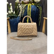 SMALL FLAP BAG WITH TOP HANDLE Chevrons Pattern Grained Calfskin Beige Gold Metal High