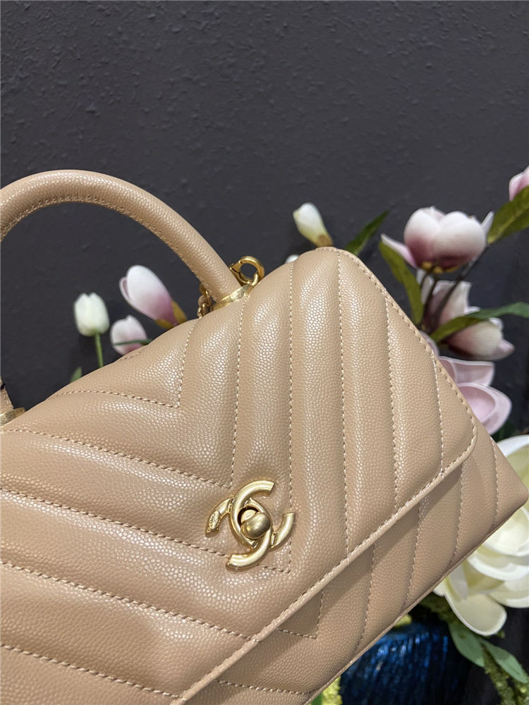 SMALL FLAP BAG WITH TOP HANDLE Chevrons Pattern Grained Calfskin Beige Gold Metal High