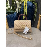 SMALL FLAP BAG WITH TOP HANDLE Chevrons Pattern Grained Calfskin Gold Metal Beige High