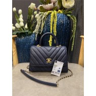 SMALL FLAP BAG WITH TOP HANDLE Chevrons Pattern Grained Calfskin Gold Metal Navy Blue High