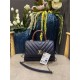 SMALL FLAP BAG WITH TOP HANDLE Chevrons Pattern Grained Calfskin Navy Blue Gold Metal High