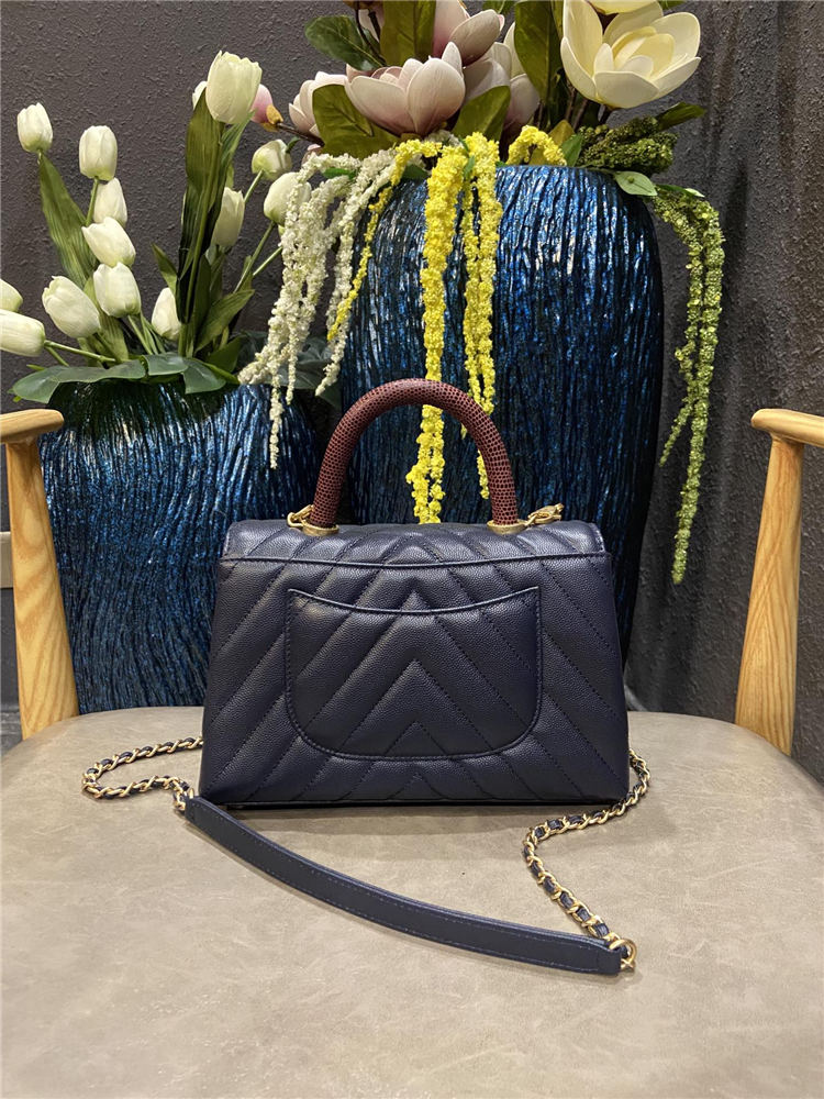 SMALL FLAP BAG WITH TOP HANDLE Chevrons Pattern Grained Calfskin Navy Blue Gold Metal High