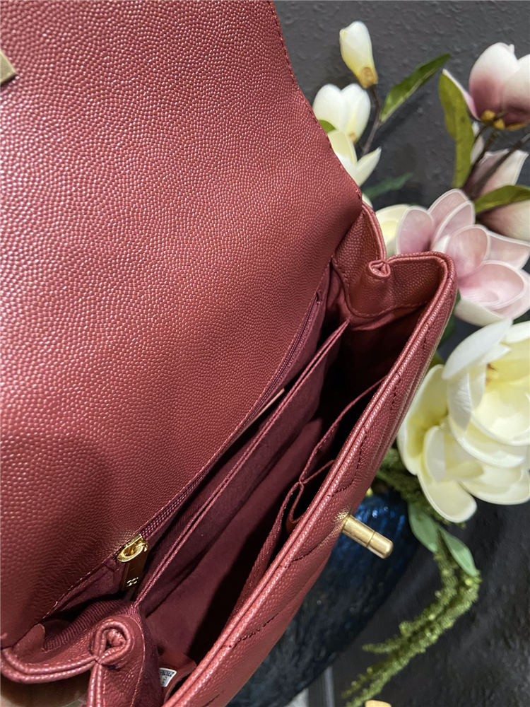 SMALL FLAP BAG WITH TOP HANDLE Chevrons Pattern Grained Calfskin Gold Metal Burgundy High