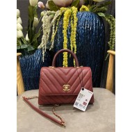 SMALL FLAP BAG WITH TOP HANDLE Chevrons Pattern Grained Calfskin Gold Metal Burgundy High