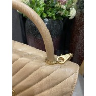 FLAP BAG WITH TOP HANDLE Chevrons Pattern Grained Calfskin Beige Gold Metal High