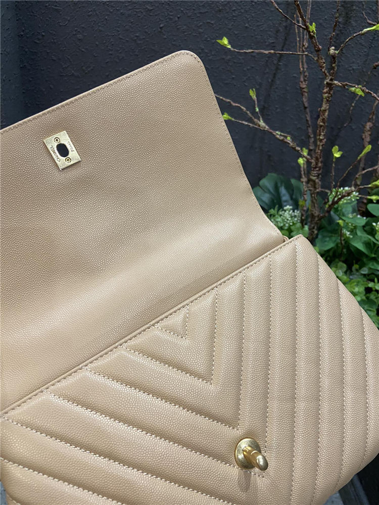 FLAP BAG WITH TOP HANDLE Chevrons Pattern Grained Calfskin Beige Gold Metal High