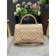 FLAP BAG WITH TOP HANDLE Chevrons Pattern Grained Calfskin Beige Gold Metal High