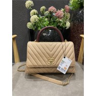 FLAP BAG WITH TOP HANDLE Chevrons Pattern Grained Calfskin Gold Metal Beige High