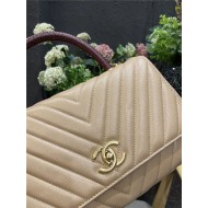 FLAP BAG WITH TOP HANDLE Chevrons Pattern Grained Calfskin Gold Metal Beige High