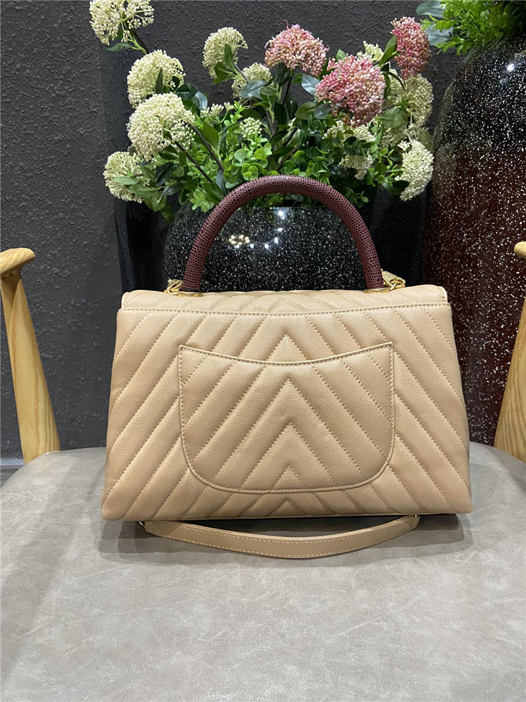 FLAP BAG WITH TOP HANDLE Chevrons Pattern Grained Calfskin Gold Metal Beige High