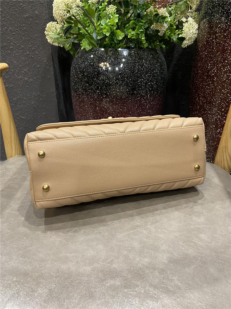 FLAP BAG WITH TOP HANDLE Chevrons Pattern Grained Calfskin Gold Metal Beige High