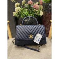 FLAP BAG WITH TOP HANDLE Chevrons Pattern Grained Calfskin Navy Blue Gold Metal High