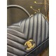 FLAP BAG WITH TOP HANDLE Chevrons Pattern Grained Calfskin Gold Metal Navy Blue High