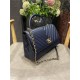 FLAP BAG WITH TOP HANDLE Chevrons Pattern Grained Calfskin Navy Blue Gold Metal High