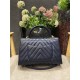 FLAP BAG WITH TOP HANDLE Chevrons Pattern Grained Calfskin Navy Blue Gold Metal High