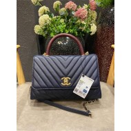 FLAP BAG WITH TOP HANDLE Chevrons Pattern Grained Calfskin Navy Blue Gold Metal High