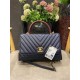 FLAP BAG WITH TOP HANDLE Chevrons Pattern Grained Calfskin Gold Metal Navy Blue High