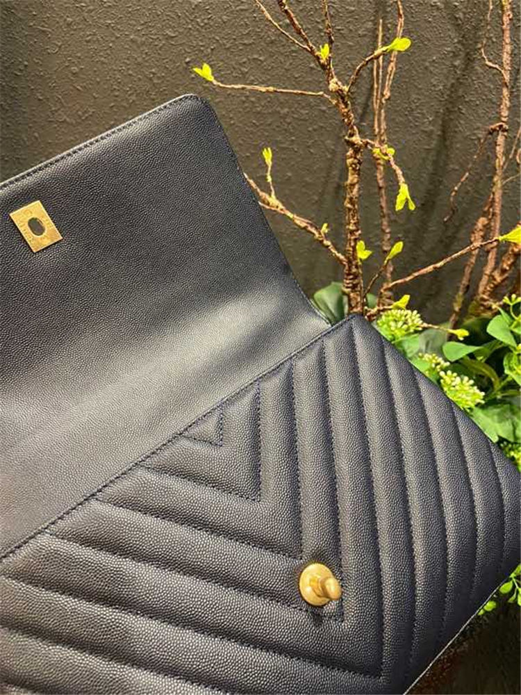 FLAP BAG WITH TOP HANDLE Chevrons Pattern Grained Calfskin Gold Metal Navy Blue High