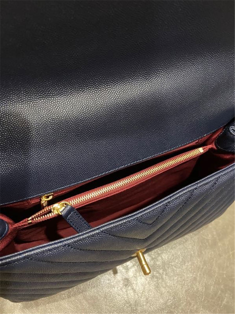 FLAP BAG WITH TOP HANDLE Chevrons Pattern Grained Calfskin Gold Metal Navy Blue High