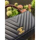 FLAP BAG WITH TOP HANDLE Chevrons Pattern Grained Calfskin Gold Metal Navy Blue High