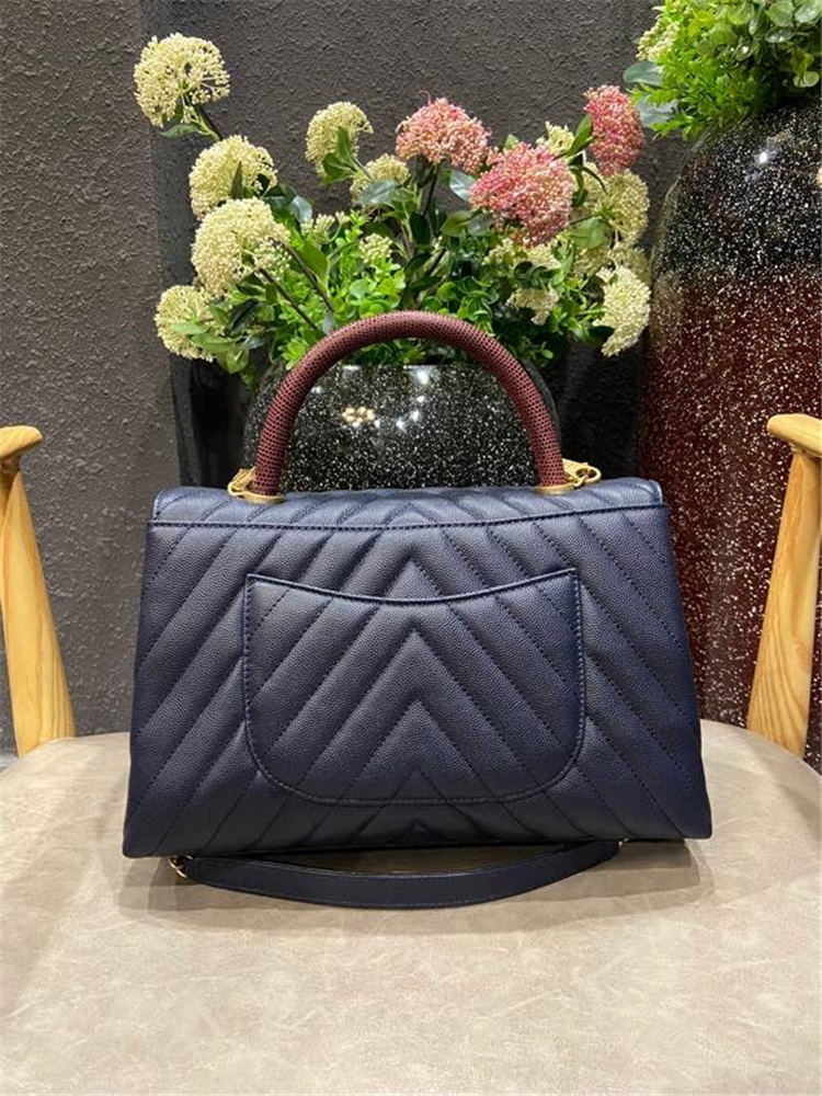 FLAP BAG WITH TOP HANDLE Chevrons Pattern Grained Calfskin Gold Metal Navy Blue High