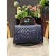 FLAP BAG WITH TOP HANDLE Chevrons Pattern Grained Calfskin Gold Metal Navy Blue High