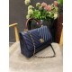 FLAP BAG WITH TOP HANDLE Chevrons Pattern Grained Calfskin Gold Metal Navy Blue High